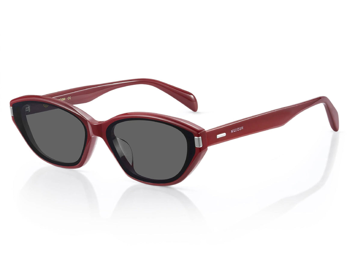 MUJOSH cat eye sunglasses in burgundy acetate, angled studio view on a plain background
