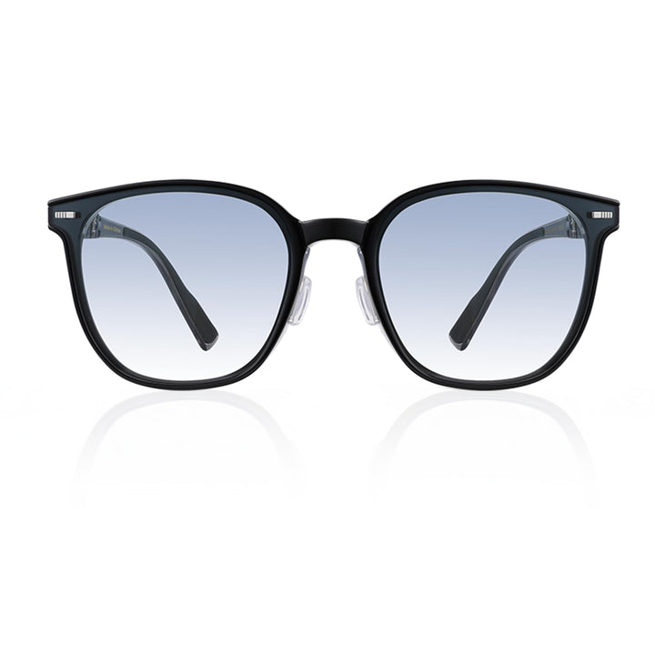MUJOSH Oatt Fold foldable sunglasses in black with gradient blue lenses, front view