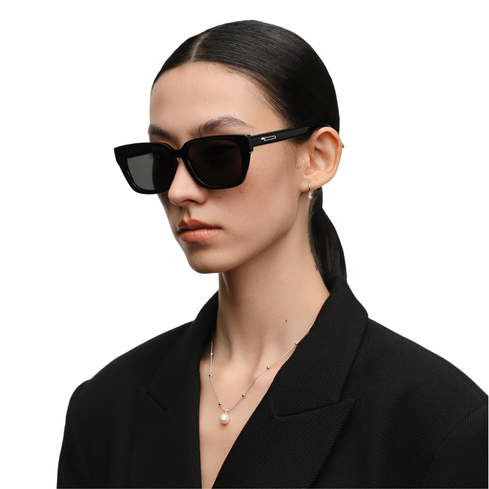 Trendy Narrow Square Sunglasses for Women Men, Acetate Polarized Shades with Hollow Metal Decor & Crystal Logo, UV400 Eyewear