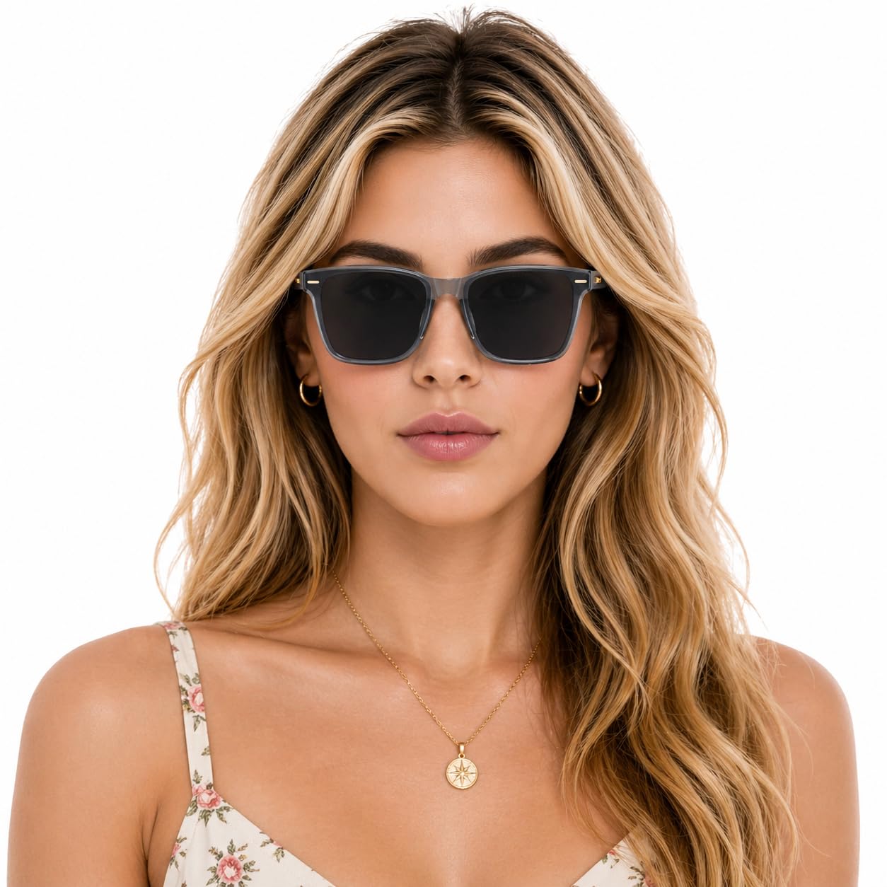 Classic Square Sunglasses for Men Women, Polarized UV400 Shades with Integrated Nose Pads & Crystal Tip, Trendy Rivet Decor E